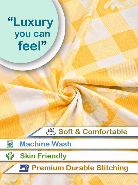 Image of 350 TC Premium Heavy Cotton Feel Elastic Fitted Bedsheet King Size with 2 Pillow Covers | All Around Elastic | Soft & Breathable Double Bed Sheet | (YellowCheck, Fitted Queen-60x78)