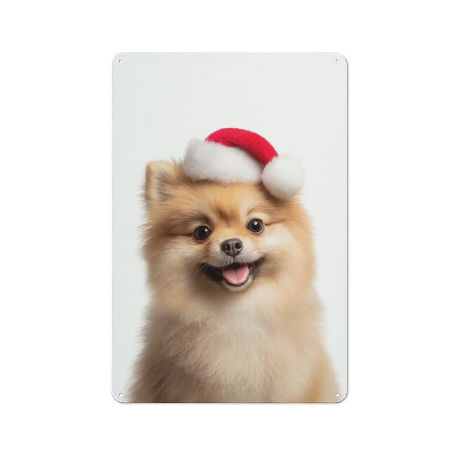 Tin Wall Sign with Pomeranian Dog with Santa Hat Design 30x20cm, Classic Bistro Wall Plaque for Bakery, Diner, Cafe Or Family Room