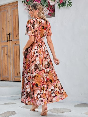 Image of Simplee Women's Boho Floral Maxi Dress Flowy Casual V Neck Short Sleeve Wedding Guest Holiday Beach Long Dress