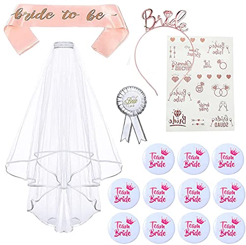 Kit 16pcs Despedida de Soltera Accesorios de Novia, Diadema Tiara,Velo Blanco de Novia con Peine, Banda Fajín Novia, Tatuajes,Insignia, para Bodas, Suministros de Fiesta de Noche de Ducha Nupcial