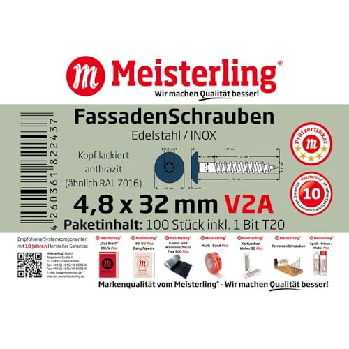 100x MEISTERLING® Fassadenschrauben INOX V2A 4,8 x 32 mm – Flachkopf Torx T20 + 1 Bit – Anthrazit