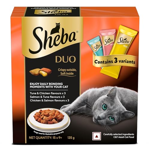 Image of Sheba Duo Adult Crunchy Cat Treats, 135 g, Crispy Outside Soft Inside, Contains 3 Variants, Tuna & Chicken, Salmon & Tuna, Chicken & Salmon