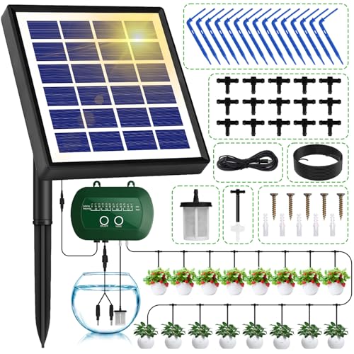 Onherm Solar Bewässerungssystem für Garten, Automatische Bewässerungssystem mit 12 Timer Modi und 15M Schlauch für Garten, gewächshaus, Balkon, Indoor und Topfpflanzen im Freien