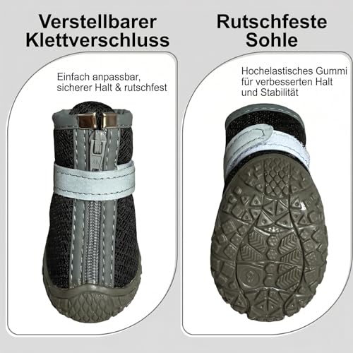 Atmungsaktive Hundeschuhe 4 Stück, Hundestiefel mit Reflektierendem Band und Rutschfester TPR-Sohle, Pfotenschutz für tägliche Spaziergänge für Kleine Hunde (Schwarz, 3)