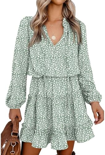 BTFBM Long Sleeve Fall Dresses for Women 2026 Summer Casual Tie Neck Ruffle Tiered A Line Wedding Guest Short Mini Dress