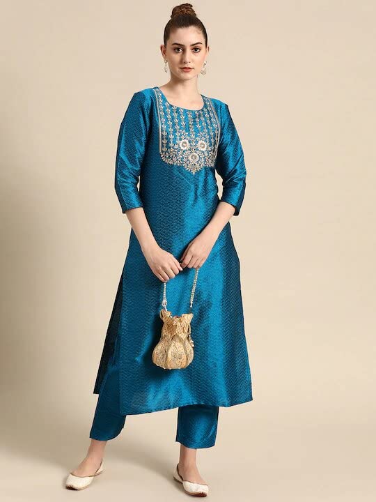 Image of Yashika Floral Regular Women's Silk Blend Sky Blue Color Straight Kurta with Pant (YS-KS2052-XL)