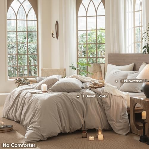 Image of MooMee Wavy Striped Duvet Cover Set 100% Washed Cotton Linen Like Textured Breathable Durable Soft Comfy (Beige, Twin 68 inchx90 inch)