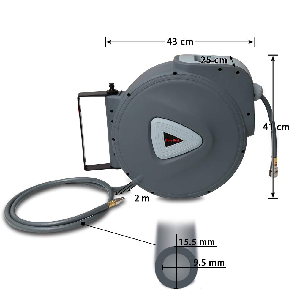 Wąż sprężonego powietrza, 30 m, automatyczne przyłącze 1/4", zwijacz węża, automatyczne zwijanie w zakresie 180°, możliwość oddania dowolnej długości, blokada bębna węża do montażu na ścianie