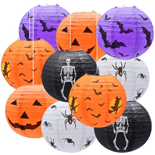 10-Pack Halloween Paper Lanterns Set 10 Hanging Pumpkin Skeleton Bat Spider Witch Lanterns for Indoor Outdoor Halloween Party Porch Classroom Decorations