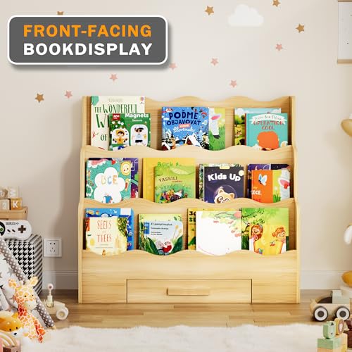 Image of 3-Tier Montessori Scalloped Kids Bookshelf, 29.6 inch Wide Natural Wood Forward Facing Bookcase for Toddlers, Children's Book Display and Organizer for Playroom, Nursery, Bedroom or Classroom