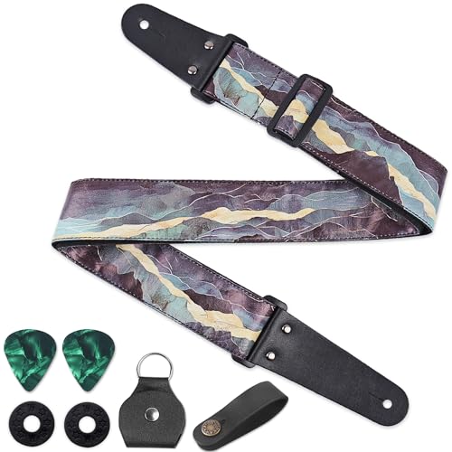 Image of Adjustable Guitar Strap Includes 2 Strap Locks & 2 Matching Picks & 1 Picks Holder & 1 leather Strap Button.