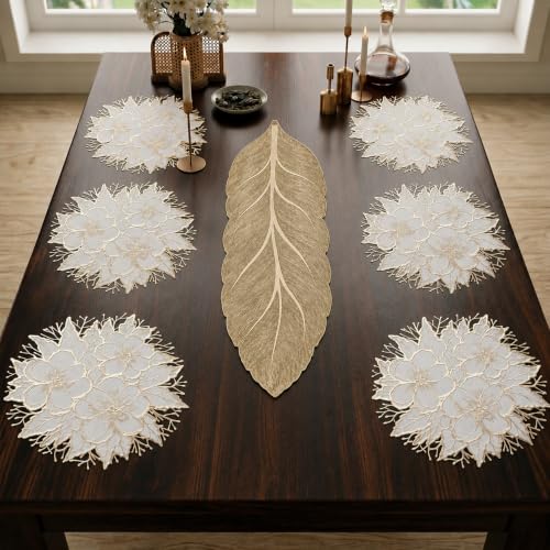 Image of Dakshya Industries Dining Table Mats Round PVC Set | 6 Waterproof Placemats (38 x 38 cm) + 1 Table Runner (91 x 33 cm) | Heat Resistant, Kitchen Decor (Marquessa)