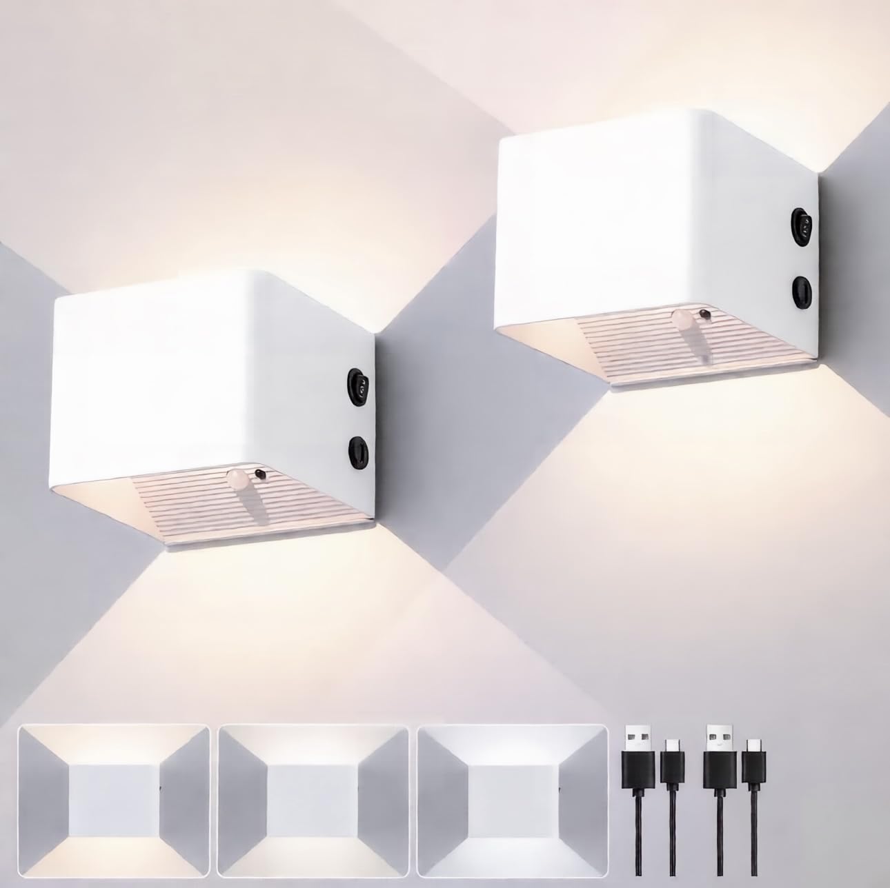 FUPE Akku Wandlampe Innen mit Bewegungssensor,Fernbedienung,Wandlicht Up and Down Innen LED Wandleuchte 3 Modi Wiederaufladbare Batteriebetriebene Wandlampen 2Stück,Weiß