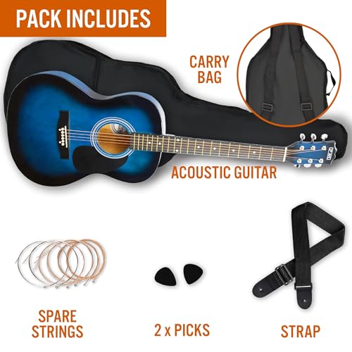 Image of 3rd Avenue Full Size 4 /4 Acoustic Guitar Steel String Pack Bundle for Beginners - Bag, Picks and Spare Strings - Blue