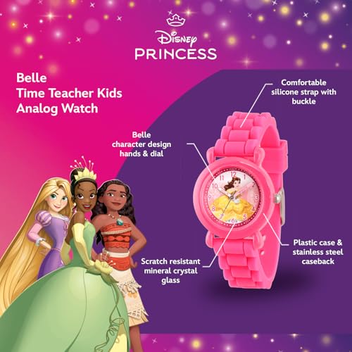 Disney Princess Belle Watch for Girls Age 4–7 Featuring Elegant Curtsy Dial – Ideal Gift for Fans of Royal Stories, Feminine Style, and Colorful Magic – Pink Bezel, All-Pink Silicone Strap2