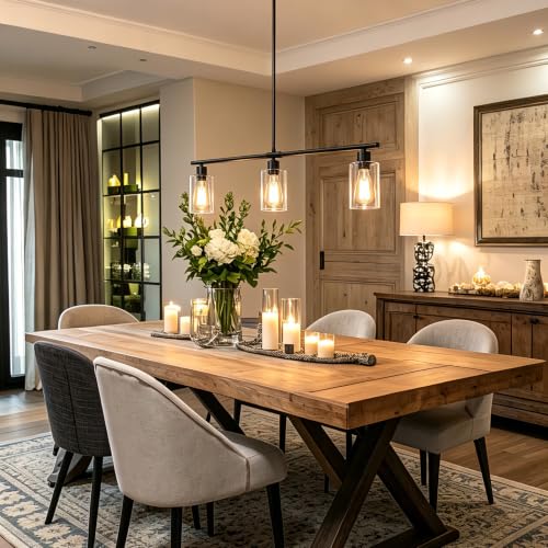 Image of 31 inch Black Linear 3-Light Clear Glass Kitchen Island Pendant Chandelier