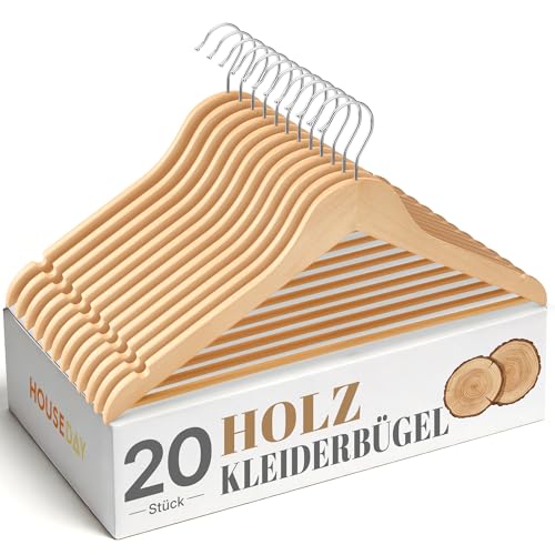 HOUSE DAY Kleiderbügel Holz 20 Stück Stabile Holzkleiderbügel Natur