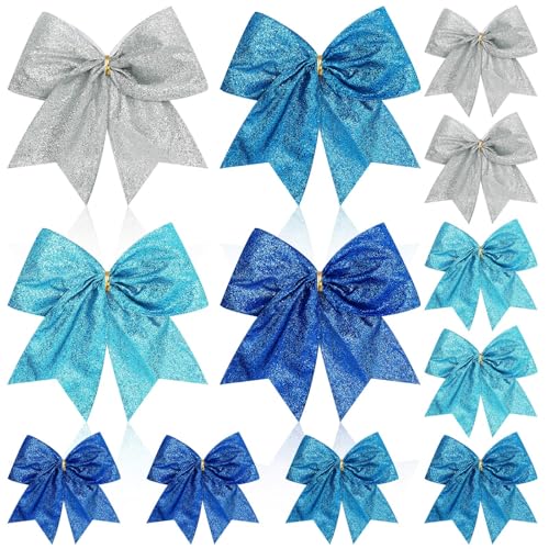 Daifunli 12 Pcs 6 Inch Christmas Bow Decorations Glitter Wreaths Bows Small Christmas Tree Bow Shiny Sequin Bow Ties Xmas Bows for DIY Craft Gift Wrapping Holiday Party Basket Ornaments(Blue)