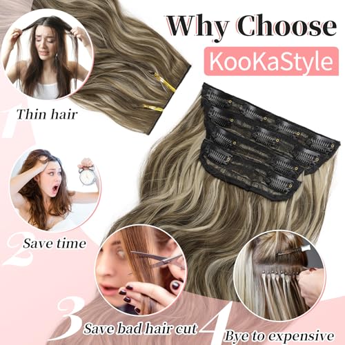 Image of KooKaStyle Wavy Thick Clip in Hair Extensions 20 inch Medium Brown Ash Blonde | 4 Pieces Clip in Extensions,Fiber Double Weft Hairpieces,Natural Volume,Highlight Wave Long Synthetic Hairpieces for Women