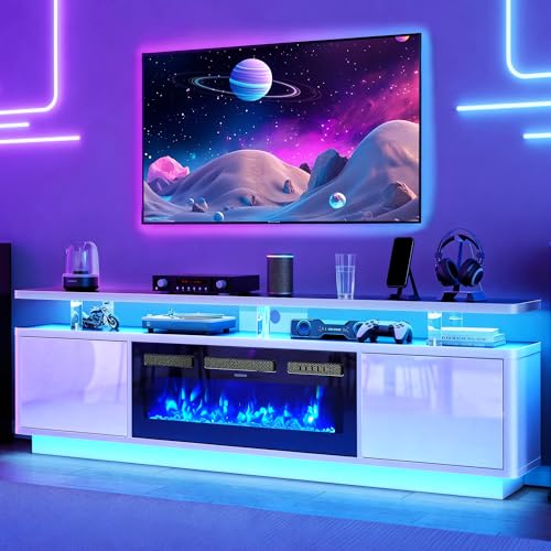 MXV 70 Fireplace TV Stand for TVs up to 80 Entertainment Center with 36 Fireplace & Double LED Lights TV Console with Storage Cabinets for Living Room Home Office White