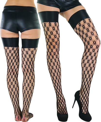 Image of ToBeInStyle Women's Wide Floral Lace Fishnet Thigh Hi Stockings