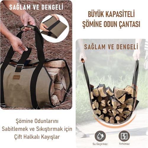 Haegs Şömine Odun Çantası, Yakacak Kütük Taşıma Depolama Çantası, Şömine Odun Sobası Aksesuarları -Kahverengi