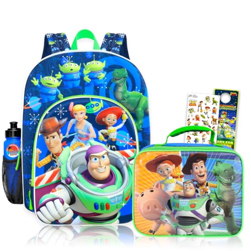 Disney Mochila Toy Story com lancheira para crianças – Pacote com bolsa escolar Woody e Buzz Lightyear de 40,6 cm, lancheira, garrafa de água, adesivos, mais | Conjunto de mochila e lancheira Toy