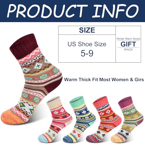 Image of YANGYANG 5 Pairs Winter Warm Thick Crew Knit Socks for Women, Christmas Gifts, Stocking Stuffers