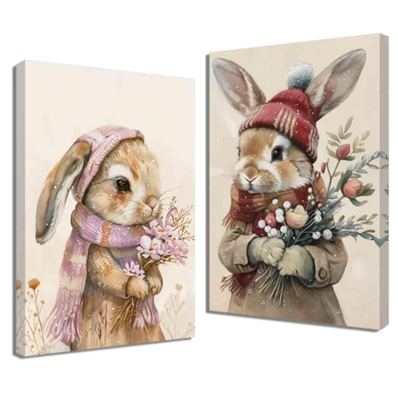 ZQQART Rabbit Canvas Wall Art 2 Pieces Vintage Bunny Flower Painting Cute Animals with Floral Crown Picture Prints Kids Baby Room Nursery Decor (Brown,12.00" x 16.00" x 2)