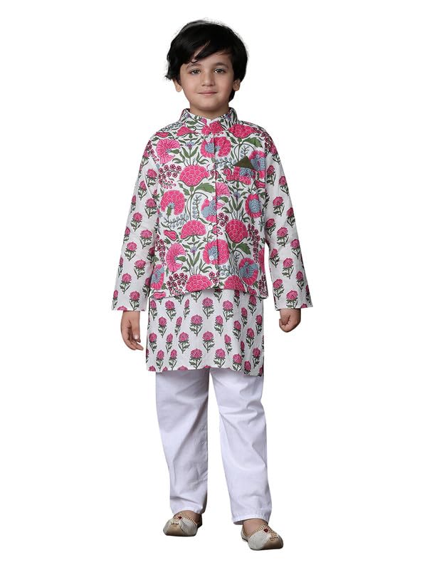Image of superminis Boys Cotton Printed Full Sleeves Kurta With Ajrakh Printed Jacket and Pyjama Set