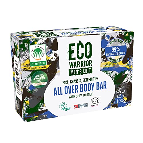 Eco Warrior Men's Edit All Over Body Soap Bar | Vegan, Natural, Cruelty-Free, Eco Friendly | Free from SLS or Parabens | Nourishing Mens Soap with Shea Butter and Essential Oils | Mens Gifts, 100g