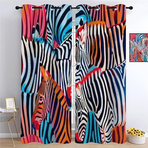 YUEAHOL Cebra de Rayas de Colores Termicas Ventana para Infantil 2 Piezas con Ojales, Arte Abstracto 3D Patrón Cortinas Opacas Habitacion Salón Dormitorio Decoración de La Ventana 220 x 215 cm