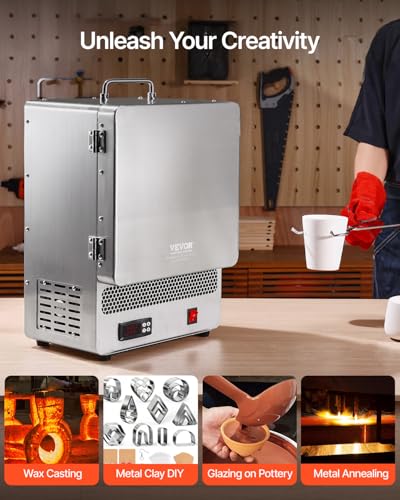 Image of VEVOR 1500W Programmable Electric Kiln, Digital Melting Furnace with Multi-Stage Temperature Control, Stainless Steel 2192F /1200℃ for Jewelry, Metal, Glass, Ceramics, Wax Casting & DIY Crafts | Stainless Steel, Programmable Tabletop Kiln Melter for Wax Casting, Clay DIY, Metal Tempering, Glazing on Pottery, Silver