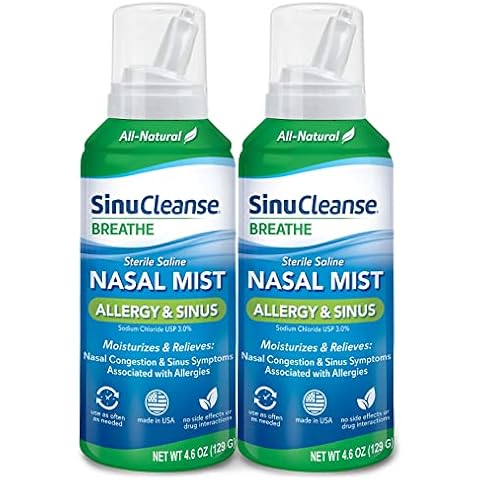 SinuCleanse Allergy & Sinus Sterile Saline Nasal Spray, Ultra Fine Mist, Instantly Moisturizes & Relieves Severe Nasal Congestion Due to Allergies, 4.6 Oz (2 Pack), Made in USA Cover