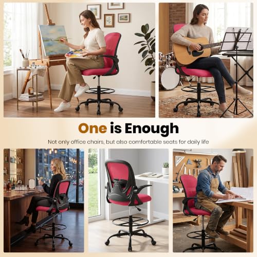 Image of Primy Drafting Chair Tall Office Chair with Flip-up Armrests Executive Ergonomic Computer Standing Desk Chair with Lumbar Support and Adjustable Footrest Ring (Fire Brick)