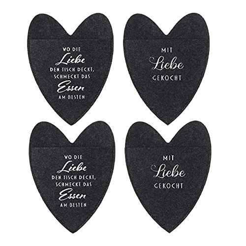 Geschenkestadl 12 Stück Bestecktaschen Herz Sprüche Schwarz Filz