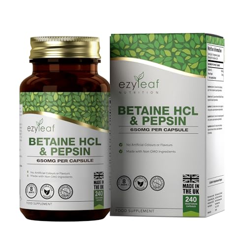 Ezyleaf Betaine HCL con Pepsina 680mg | 240 Cápsulas Veganas | Clorhidrato de Betaína con Pepsina | Suplementos de Enzimas Digestivas | Sin Ingredientes Artificiales | Certificado ISO, sin Gluten