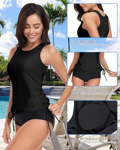 WOWENY Tankini Damen Bauchweg Bikini Oberteil Einzeln Padded Sport Badeanzug mit Cups Swim Top Schnell Trocknend Bademode Tank Top Schwarz XL