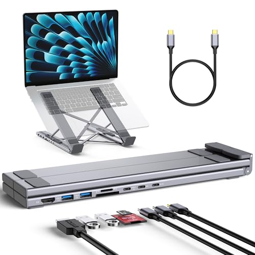 8-in-1 USB C Docking Station Stand Foldable Laptop Stand with Hub 4K HDMI 100W PD Charging 3 USB 3.0 Ports (5Gbps) SD/TF Card Reader Ergonomic Aluminum Riser for MacBook Pro/Air/Dell/HP/Surface