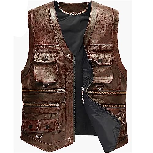 Kelsiop Men's Leather Vest First Layer Cowhide Vest Stylish Multi-Pocket V-Neck Vest2