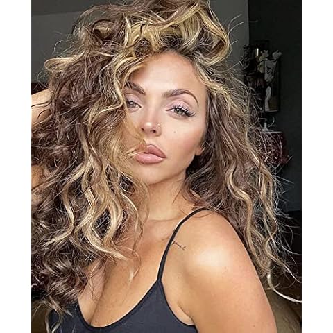 PORSMEER Curly Small Part-Lace Front Wig Highlight Brown Blonde Realistic Synthetic Hair Wigs for Women Daily Wear Party Halloween Natural Deep Water Wave Heat Resistant Wig 28inch Cover