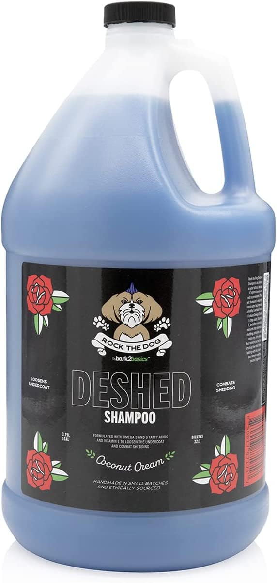 Bark2Basics Rock The Dog DeShedding Pet Shampoo, 1 Gallon - Reduces Shedding and Excessive Hair, Removes Undercoat, Vitamin Infused, 32:1 Concentrated, Professional Grade