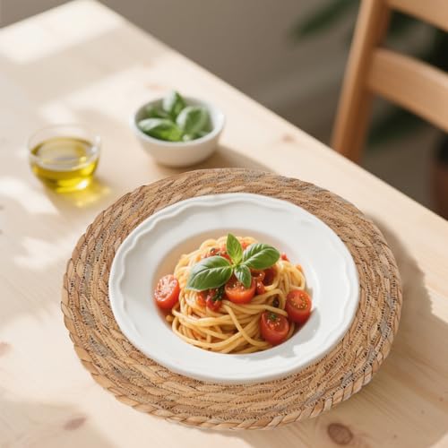 Image of Round Woven Placemats Set of 6-13 Inch Natural Water Hyacinth Place Mats for Dining Table, Boho Farmhouse Kitchen Table Decor, Rustic Braided Table Mats for Daily Use & Holiday Table Setting