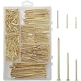 6 Sizes Gold Hardware Nails Assortment Kit, 358pcs, Brass Plated, Nails for Hanging Pictures, Finishing Nails, Wood Nails, Wall Nails for Hanging (3”, 2”, 1-1/2”, 1-1/4', 1”, 3/4')