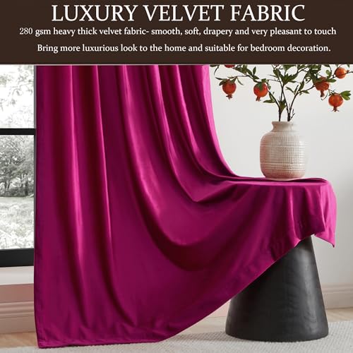 Image of 100% Full Blackout Hot Pink Velvet Curtains - 90 inch Long for Living Room & Bedroom, Set of 2 Liner Rod Pocket Back Tab Thermal Window Curtains, Room Darkening Heavy Decorative Drapes