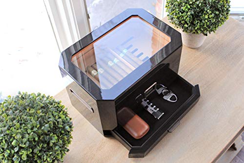 Case Elegance - Octodor Large Black Piano Finish Glass Top Cedar Humidor With Large Round White And Gold Inlay Ceramic Ashtray #TOP1