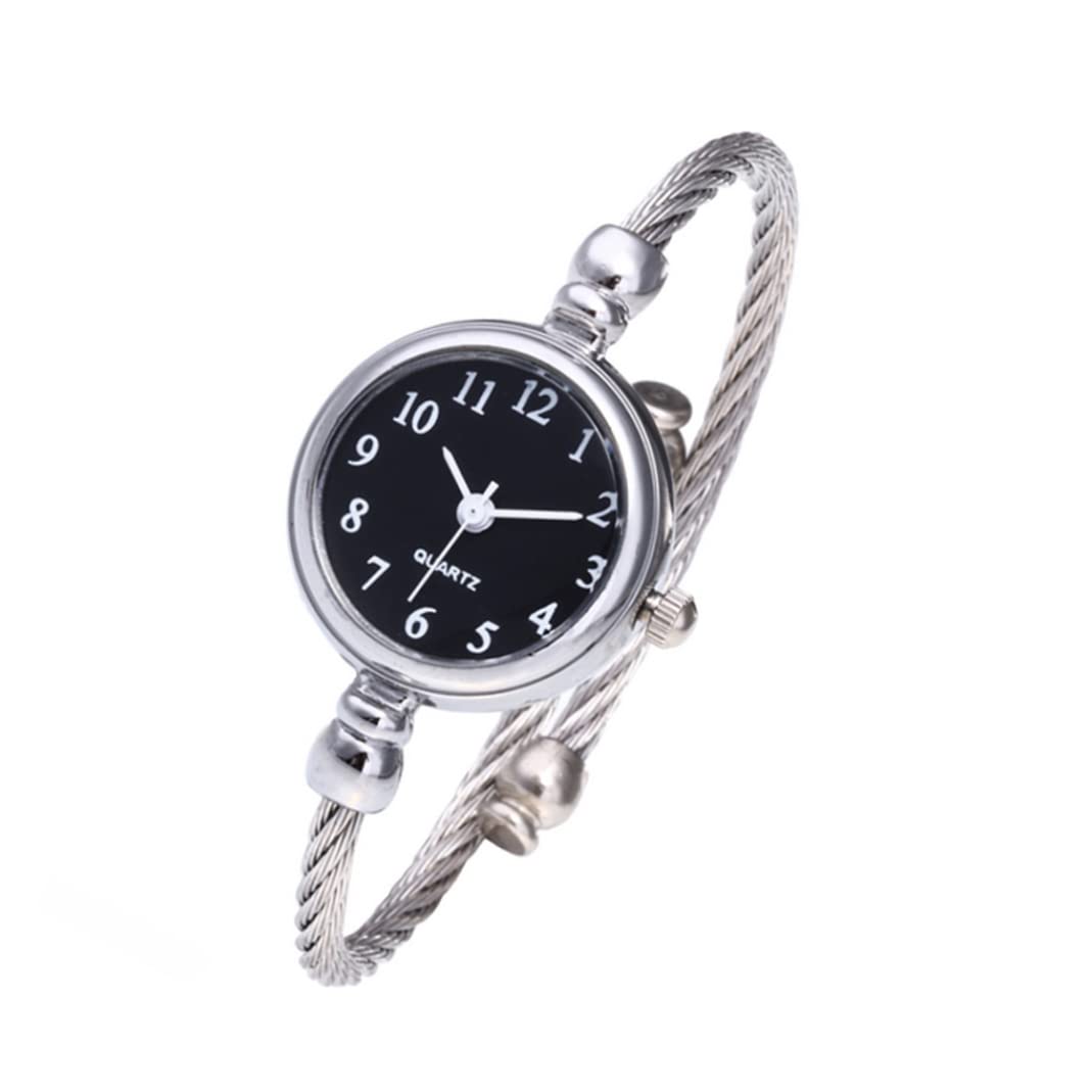 Peosaard Women's Black Silver Cable White Dial Analogue Quartz Bangle Watch With Metal Band Cuff Bracelet Watch Fashion Daily Wrist Watches For Girls Roman Numerals Bangle Watch