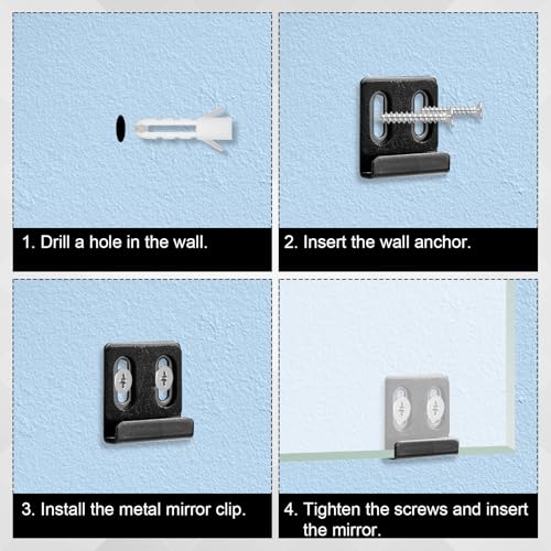 Image of 8pcs Frameless Mirror Holder, Heavy Duty Mirror Hangers Clips Metal Mirror Holder Kit Metal Mirror Clips with Screws Rubber Pads for Wall Mounting Frameless Mirror(Double Hole Black)
