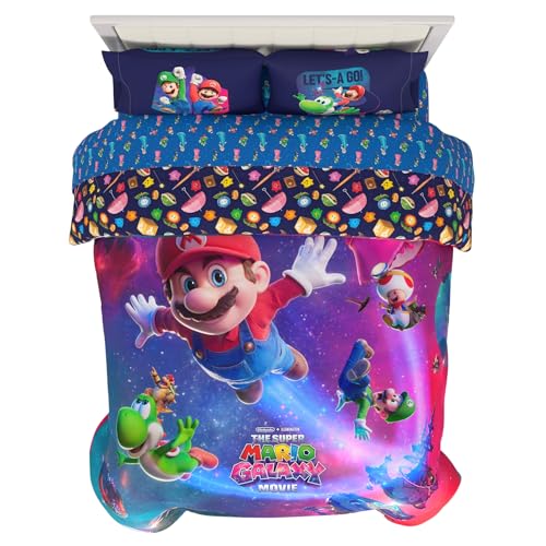 The Super Mario Galaxy Movie Bedding Set Full Size 5 Piece Kids Super Soft Cozy Reversible Comforter and Sheet Set (Officially Licensed Product) By Franco