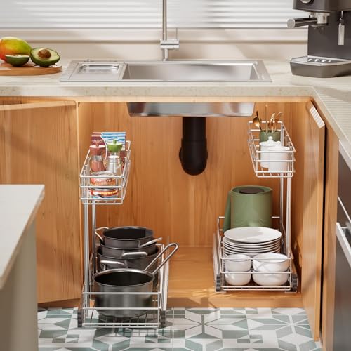 Image of Under Sink Organizer 9 inch W X19 D, Pull Out Cabinet Organizer 2 Tier | Chrome Plated, Full Slide Out, Under Kitchen Bathroom Sink Organizer, Pantry Cabinet Closet Organization Rack, 1 Pack
